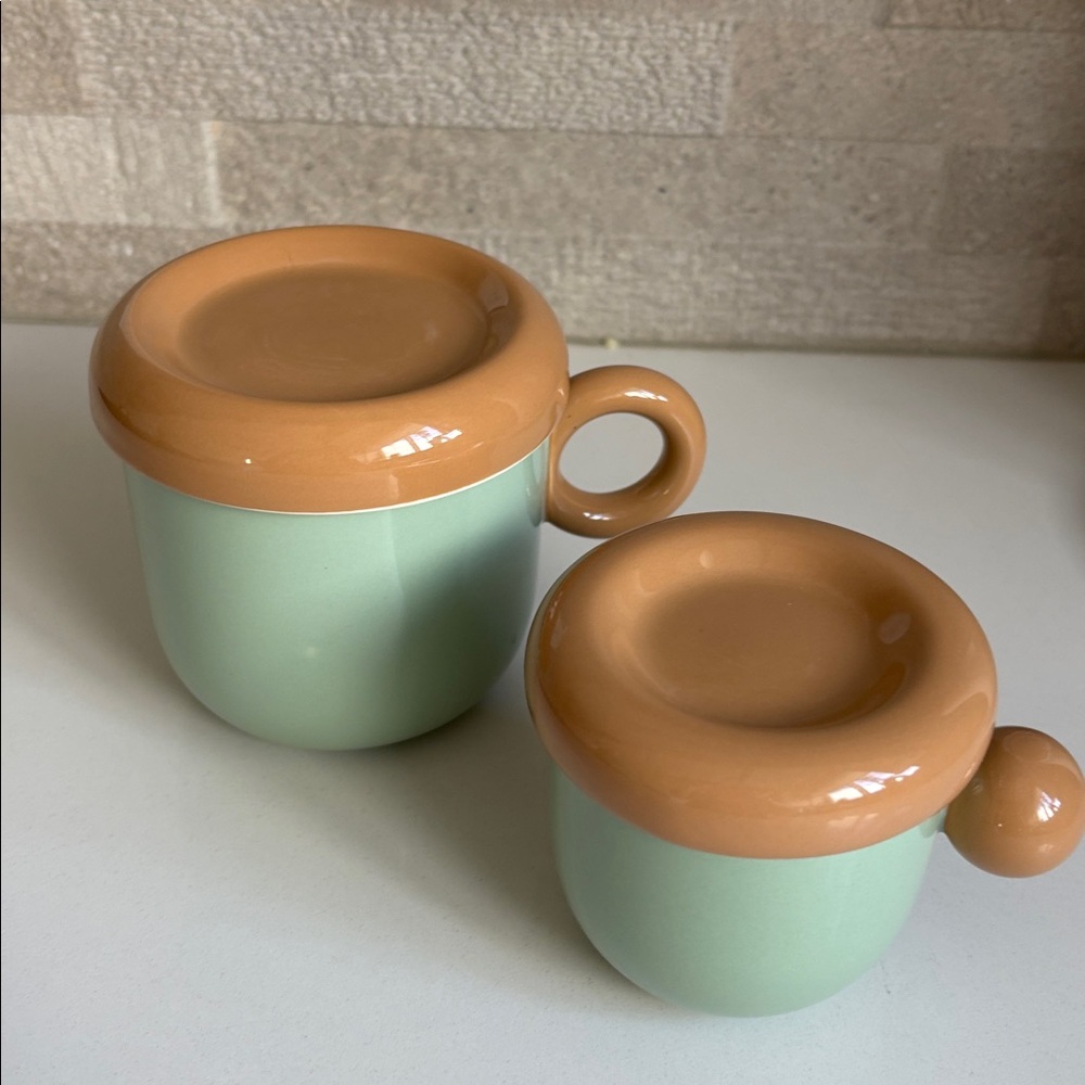 Anthropologie Rika light green and Tan Coffee Mug Set